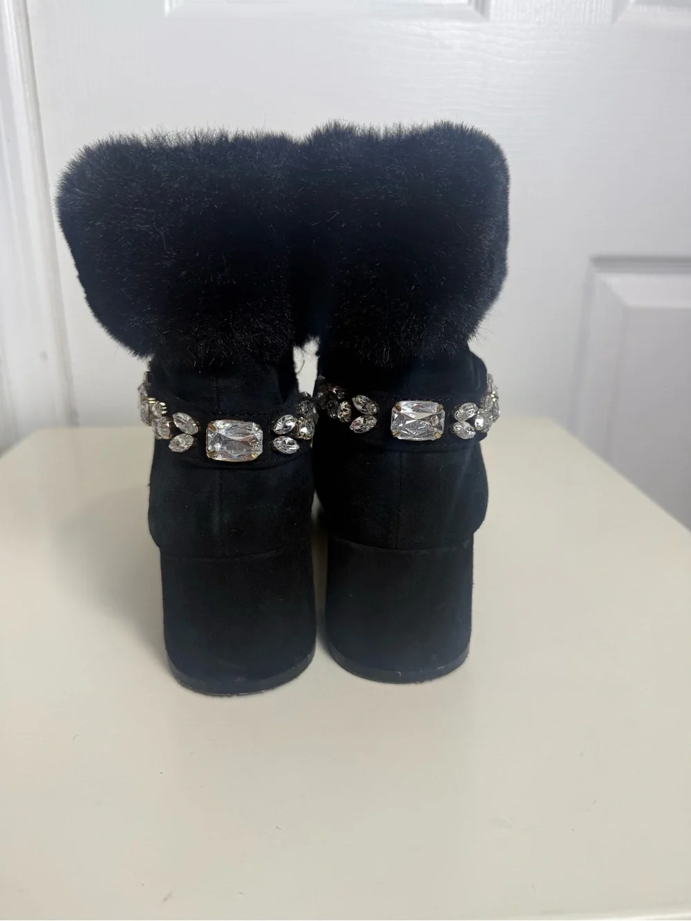 Adrienne Vittadini AV-Lazar Women’s Black Suede Faux Fur Rhinestone ankle boot/7